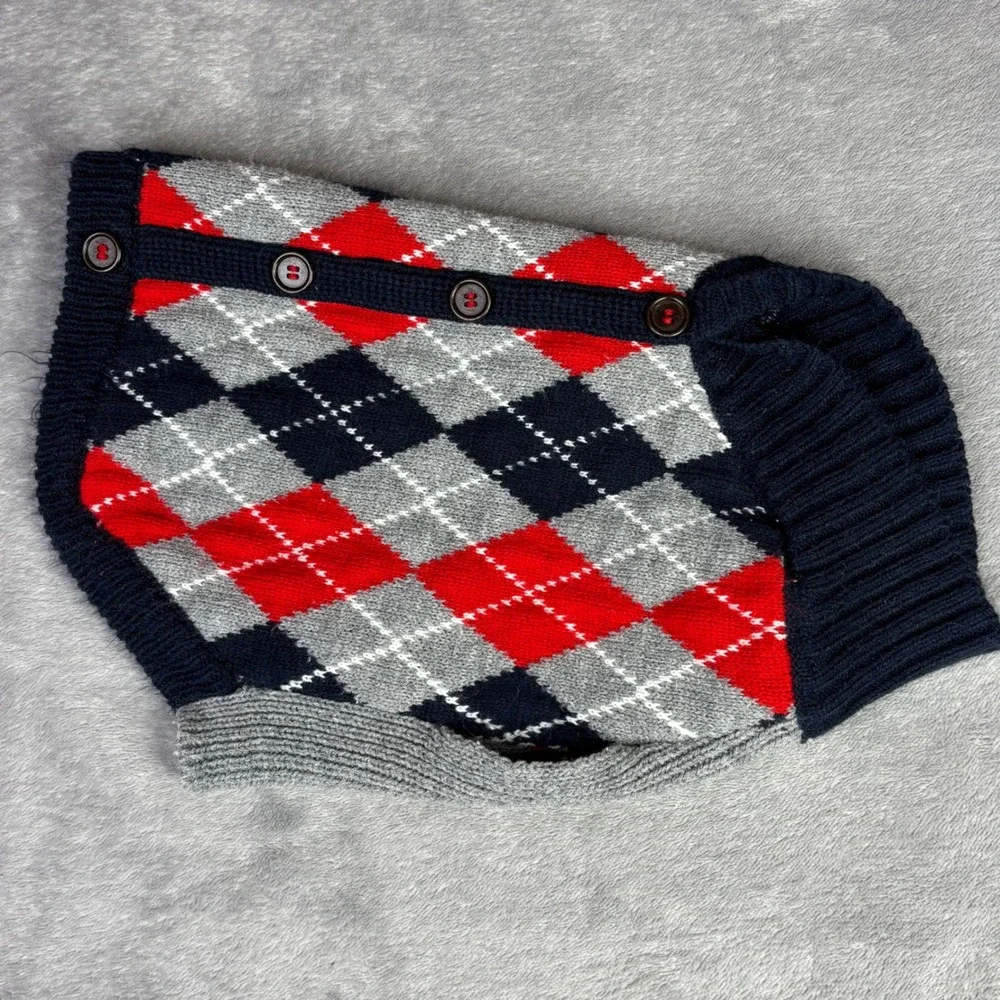 Argyle Pet Sweater Medium Red Grey Blue Button‎ Front Shawl Collar Dog Outfit